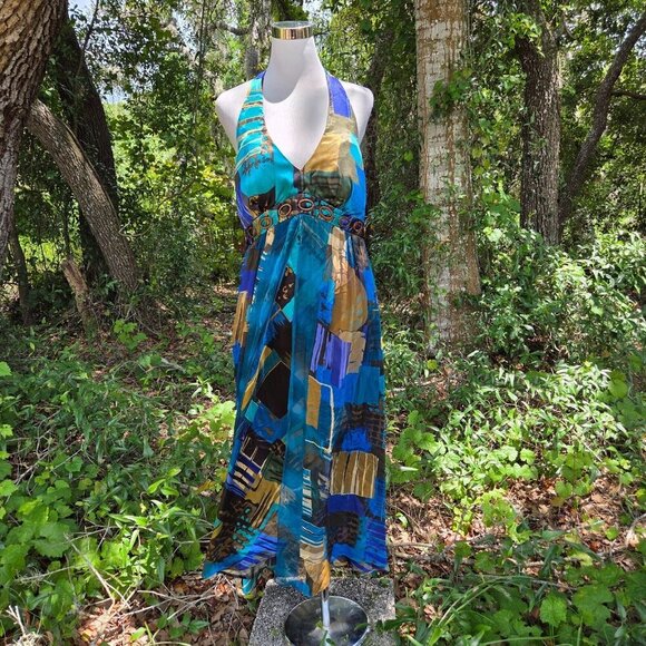 Y2k Robbie Bee womens silk babydoll Dress 14 Blue Fairycore Whimsy Halter prom - Picture 1 of 10